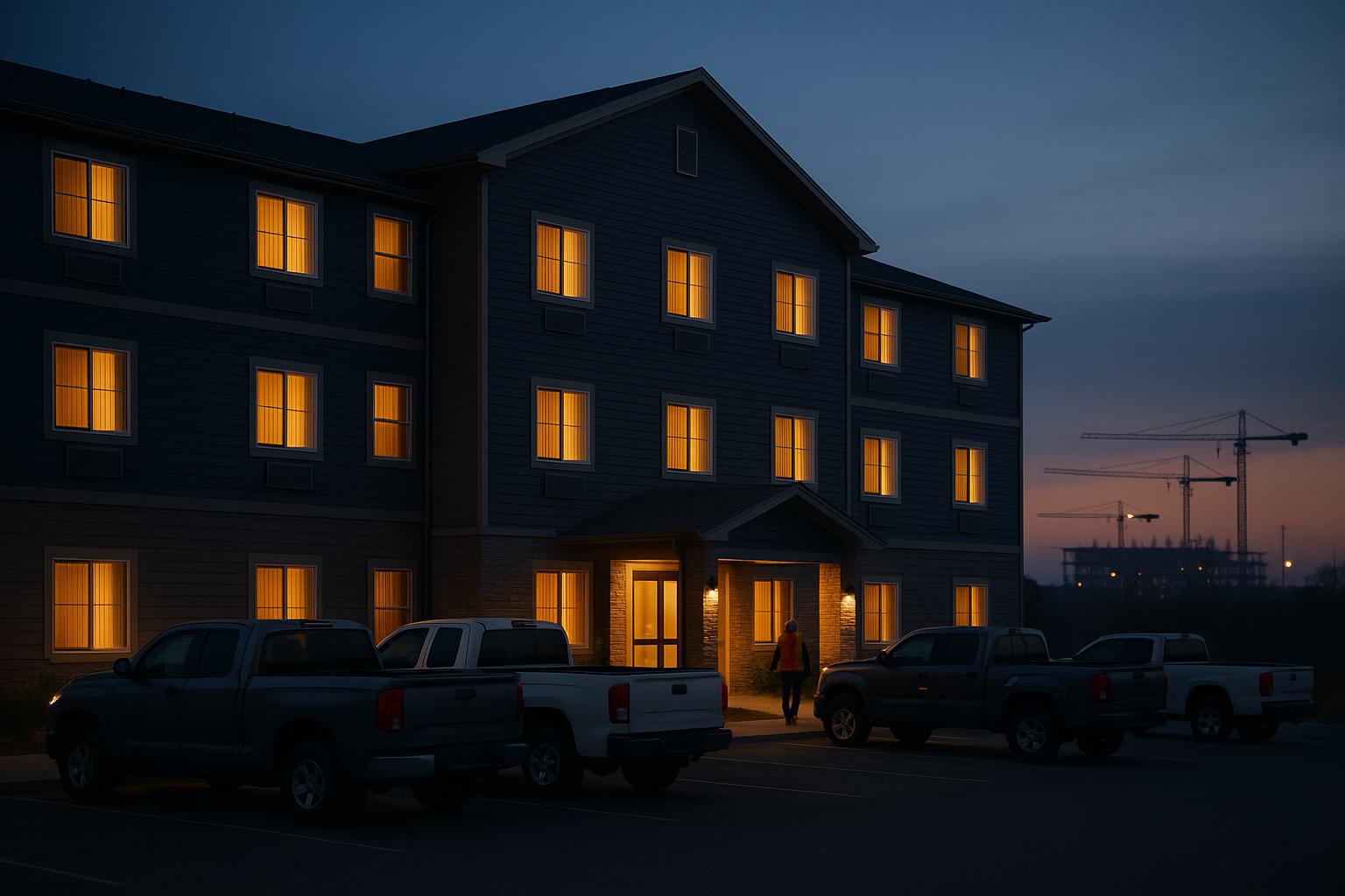 Extended-stay lodge at dusk with work trucks parked near a construction site