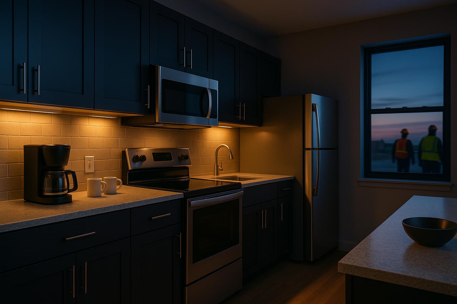Furnished extended-stay kitchen with full-size appliances
